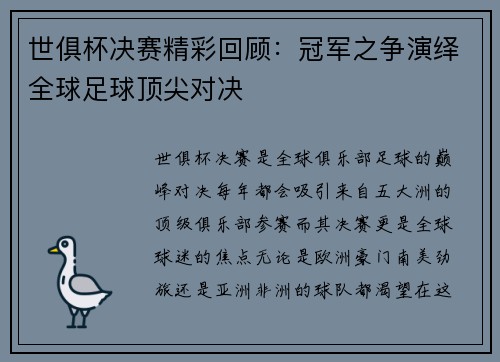 世俱杯决赛精彩回顾：冠军之争演绎全球足球顶尖对决